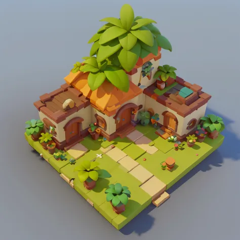Game architectural design, Cartoony,Plant house，Plants match the building，casual game style, Botanical architecture,  。.。.3D, blender，closeup cleavage，tmasterpiece，super detailing，best qualtiy