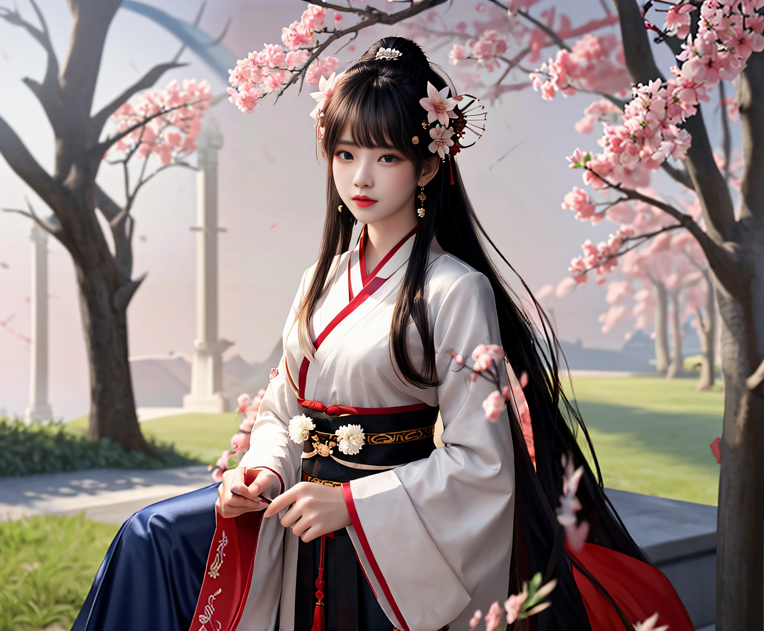 Asian woman in white and red dress standing under a tree, Palace ， A girl in Hanfu, White Hanfu, Hanfu, Wearing ancient Chinese clothes, with acient chinese clothes, Traditional beauty, Chinese costume, Chinese style, Middle metaverse, Traditional Chinese clothing, Princesa chinesa antiga, full-body xianxia, Chinese girl