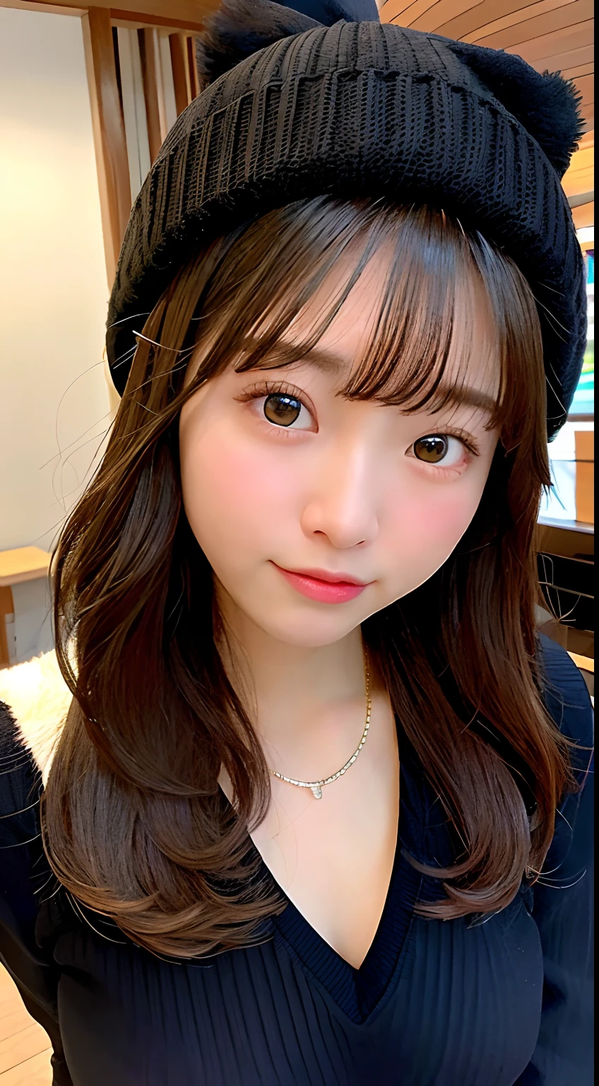 8K raw photos、hight resolution、abdominals、ribbed、A dark-haired、Beautiful at 22 years old Japan、with round face、Very small lips、Round Big、Valley、beautiful eyes finely detailed、long eyeslashes、Beautiful double eyelids、Sanpaku eyes、Duck mouth、Blunt bangs、Okappa、耳Nipple Ring、a necklace、random facial expression、(Background Ski Resort)、 Looking at Viewer,snow mountains、a ski、(vestments:Ski Wear)、knit hat、Full body