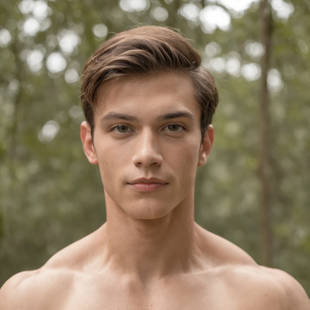 um jovem do sexo masculino de corpo inteiro, aparentando ter 18 anos, com pele clara e olhos azuis cativantes. It exhibits a defined musculature that denotes vigor and health. Seus cabelos curtos, na cor castanho claro, shape your face with a natural and stripped down appearance. The expression on his face is mischievous and full of charm, revealing a touch of audacity.

It is positioned in a serene forest setting, surrounded by majestic trees and a soft light that filter through the leaves. His confident and attractive presence stands out in the natural environment. Her dress is casual, combining with the relaxed atmosphere of the forest. The surrounding landscape underscores both their youth and their connection to nature, criando uma imagem marcante e envolvente