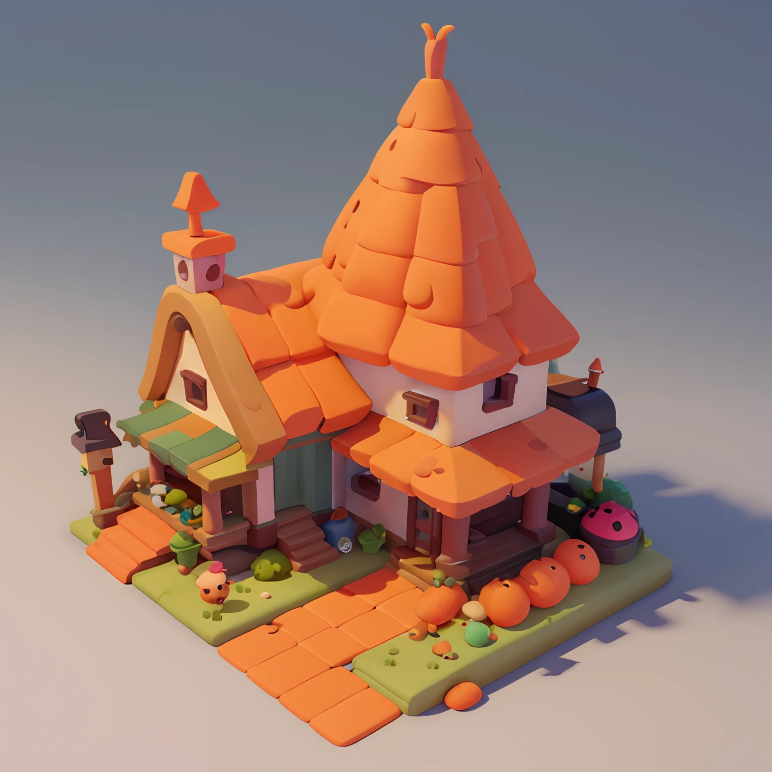 Game architectural design, Cartoony,Carrot House，Radishes match the architecture，casual game style, Carrot building,C4D，closeup cleavage，tmasterpiece，super detailing，best qualtiy