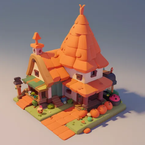Game architectural design, Cartoony,Carrot House，Radishes match the architecture，casual game style, Carrot building,C4D，closeup ...