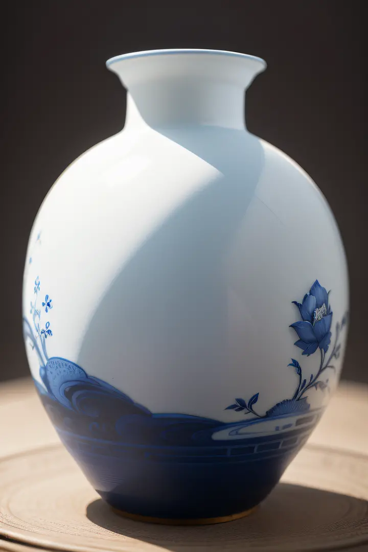 "Blue and white porcelain，Simple and elegant，Showcasing deep history，The bottle body is delicately textured，Blue and white，Smooth and natural，Revealing an ancient traditional aesthetic，It has a strong Chinese style。"Fantasy art（Background azure color）