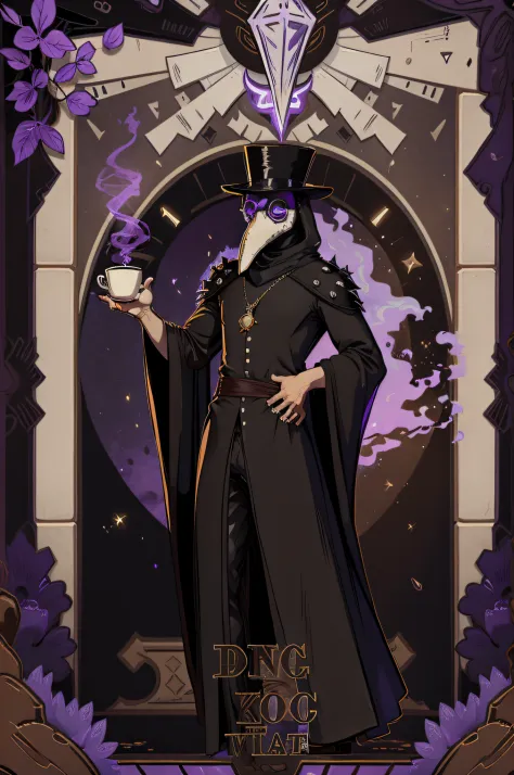 gentleman, plague doctor mask, long top hat, holding twenty-sided dice, purple aura, coffee