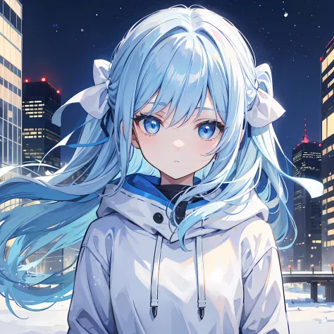 1girl,light blue hair,blue eyes,hair ribbon,blue and white hoodie,winter,looking at viewer,portrait,city background