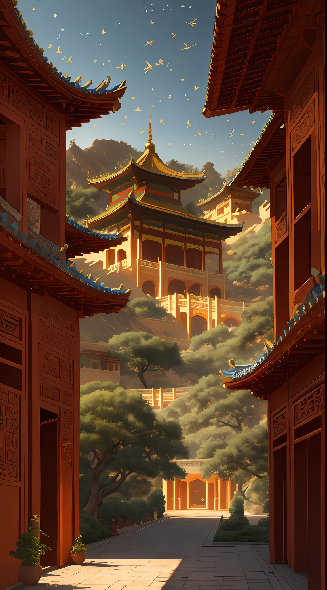 Palace, vines everywhere, huge and damp trees, masterpieces, best quality, very detailed CG unified 8k wallpaper, oil painting, Gobi desert, Dunhuang flying sky, flying fairy in light yarn, background bokeh, depth of field, HDR, realism, very delicate, high detail, traditional Chinese style, Chinese style art, stereo lighting