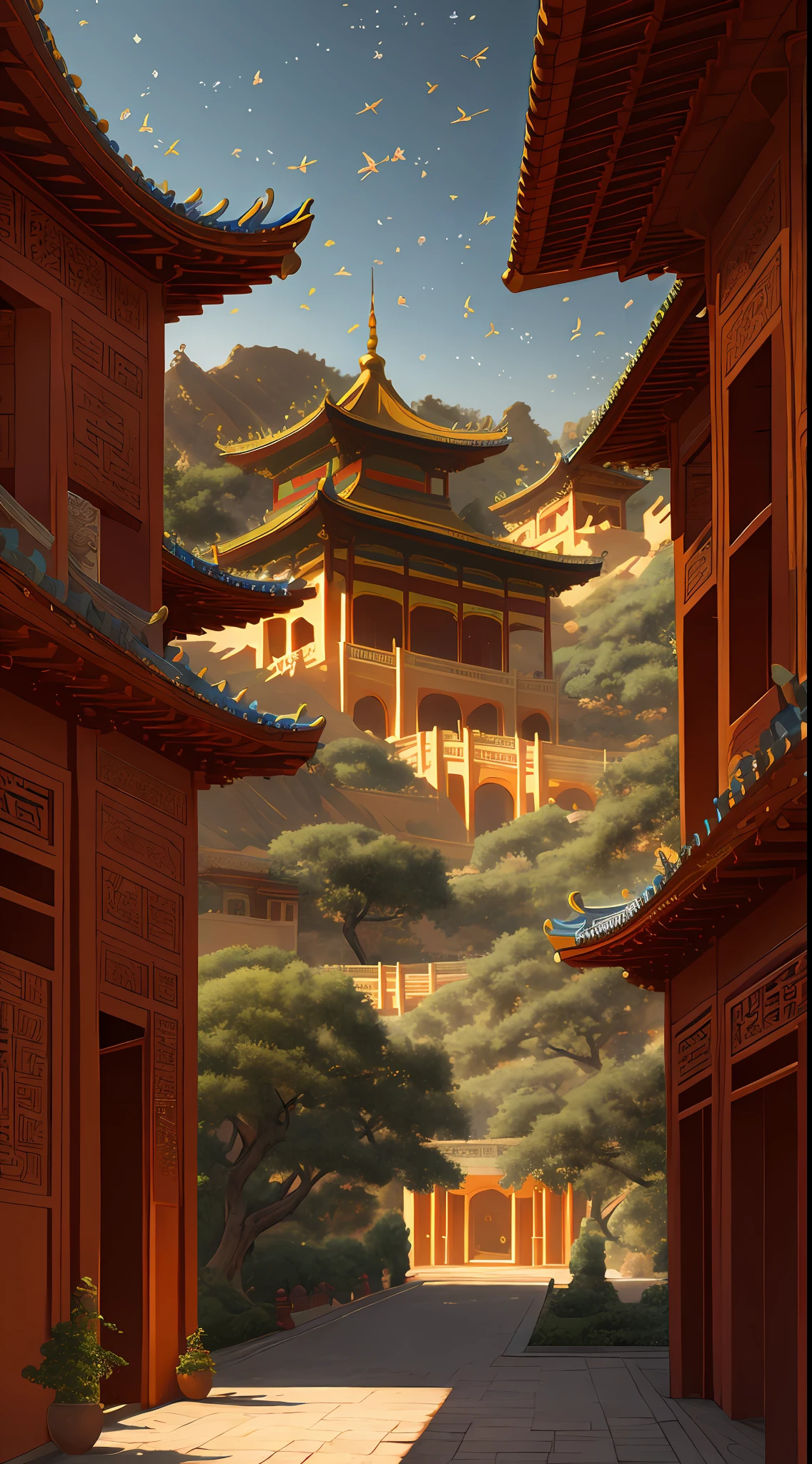 palacio, vides por todas partes, árboles enormes y húmedos, obras maestras, mejor calidad, Fondo de pantalla CG unificado 8k muy detallado, pintura al óleo, Gobi desert, Cielo volador de Dunhuang, Hada voladora en hilo ligero, bokeh de fondo, profundidad de campo, hdr, realism, Muy delicado, Alto detalle, estilo tradicional chino, Arte de estilo chino, iluminación estéreo