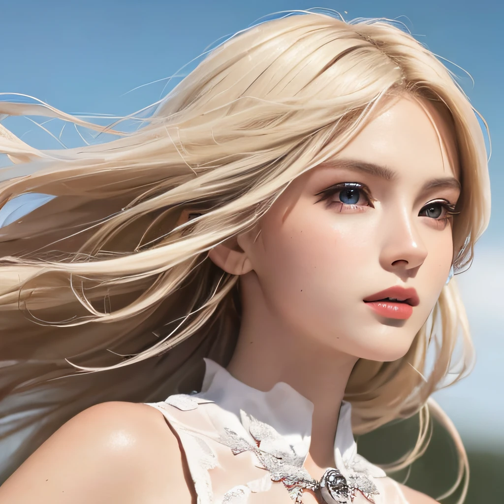 (8K, RAW Photos, of the highest quality, Masterpieces: 1.2), (Realistic, Photorealistic: 1.37), Highest Quality, Ultra High Resolution, light  leaks, Dynamic lighting, Slim and smooth skin, (Full body:1.3), (Soft Saturation: 1.6), (Fair skin: 1.2), (Glossy skin: 1.1), Oiled skin, 22 years old, Night, shiny white blonde, Well-formed, Hair fluttering in the wind, Close-up shot of face only, Physically Based Rendering, From multiple angles, Bvlgari dresses