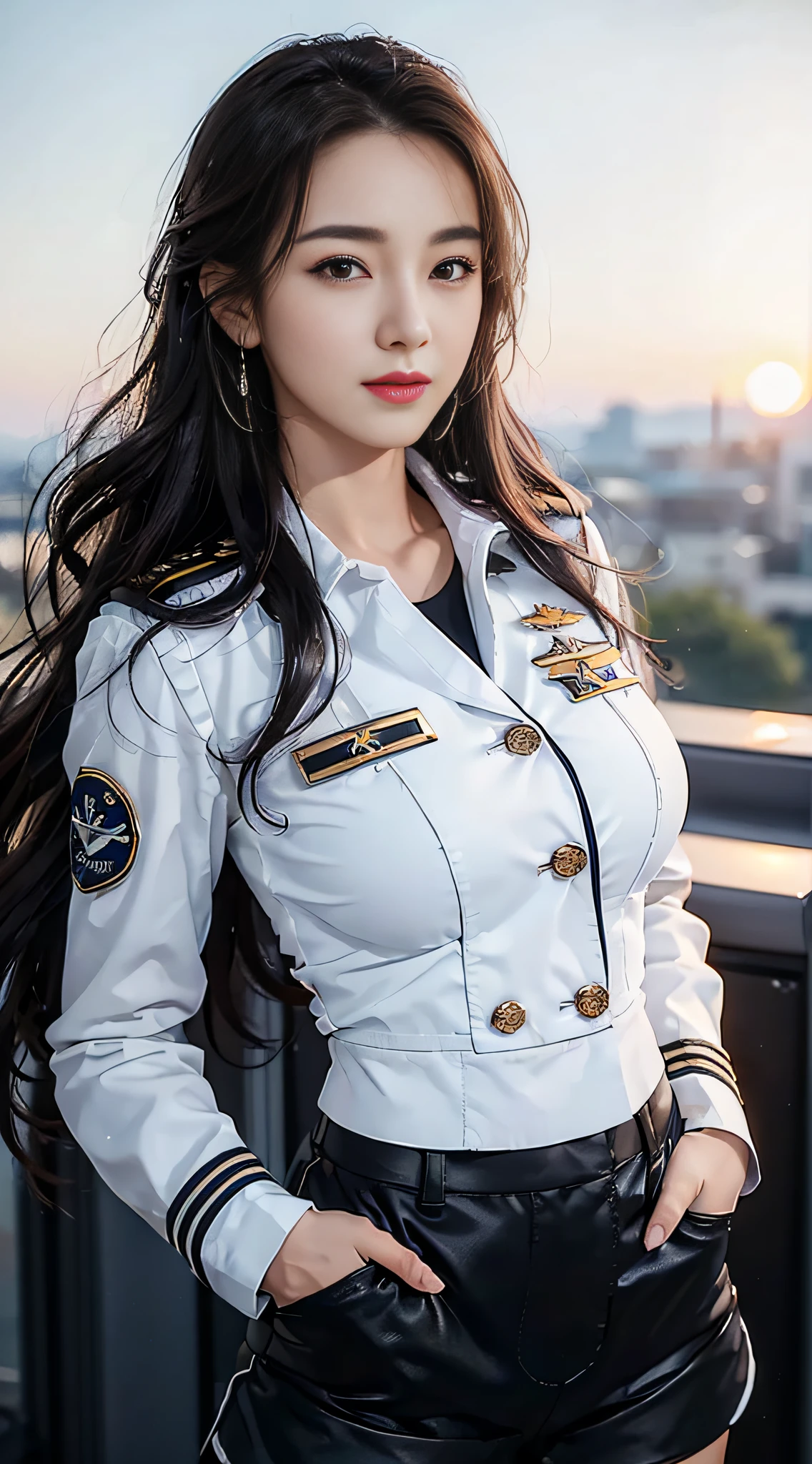 (Best quality, 8k, 32k, Masterpiece, UHD:1.2), (realistic:1.5), (masterpiece, Extremely detailed CG unity 8k wallpaper, best quality, highres:1.2), (ultra detailed, UHD:1.2), Photo of extremely cute and beautiful Japanese woman, (chestnut long wavy hair:1.2), adult, (detailed beautiful girl:1.4), best quality, woman, adult, (detailed US air-force pilot captain uniform:1.3), (white pilot captain shirt:1.3), (black high-waist shorts:1.3), (Beautiful sunset US air force base runway　view background:1.2), embarrassed laughing:1, looking at viewer, facing the viewer, ((perfect female body)), (narrow waist:1.2), (upper body image:1.3), slender, abs, (large breasted:1.25), frame the head, wind, dynamic pose, cinematic light, back light, detailed clothes, perfect anatomy, perfect proportion, detailed human body, stylish model pose,