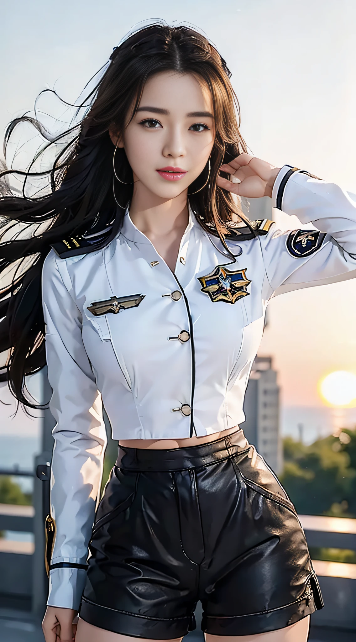 (Best quality, 8k, 32k, Masterpiece, UHD:1.2), (realistic:1.5), (masterpiece, Extremely detailed CG unity 8k wallpaper, best quality, highres:1.2), (ultra detailed, UHD:1.2), Photo of extremely cute and beautiful Japanese woman, (chestnut long wavy hair:1.2), adult, (detailed beautiful girl:1.4), best quality, woman, adult, (detailed US air-force pilot captain uniform:1.3), (white pilot captain shirt:1.3), (black high-waist shorts:1.3), (Beautiful sunset US air force base runway　view background:1.2), embarrassed laughing:1, looking at viewer, facing the viewer, ((perfect female body)), (narrow waist:1.2), (upper body image:1.3), slender, abs, (large breasted:1.25), frame the head, wind, dynamic pose, cinematic light, back light, detailed clothes, perfect anatomy, perfect proportion, detailed human body, stylish model pose,