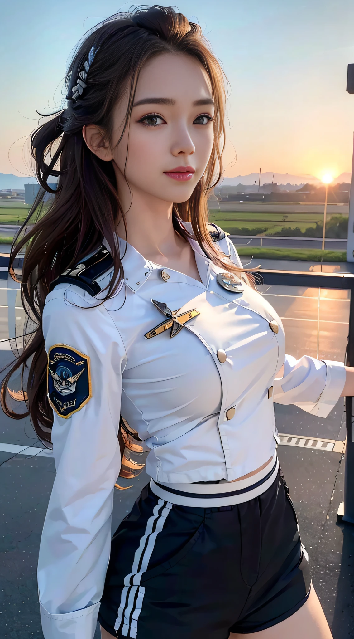 (Best quality, 8k, 32k, Masterpiece, UHD:1.2), (realistic:1.5), (masterpiece, Extremely detailed CG unity 8k wallpaper, best quality, highres:1.2), (ultra detailed, UHD:1.2), Photo of extremely cute and beautiful Japanese woman, (chestnut long wavy hair:1.2), adult, (detailed beautiful girl:1.4), best quality, woman, adult, (detailed US air-force pilot captain uniform:1.3), (white pilot captain shirt:1.3), (black high-waist shorts:1.3), (Beautiful sunset US air force base runway　view background:1.2), embarrassed laughing:1, looking at viewer, facing the viewer, ((perfect female body)), (narrow waist:1.2), (upper body image:1.3), slender, abs, (large breasted:1.25), frame the head, wind, dynamic pose, cinematic light, back light, detailed clothes, perfect anatomy, perfect proportion, detailed human body, stylish model pose,