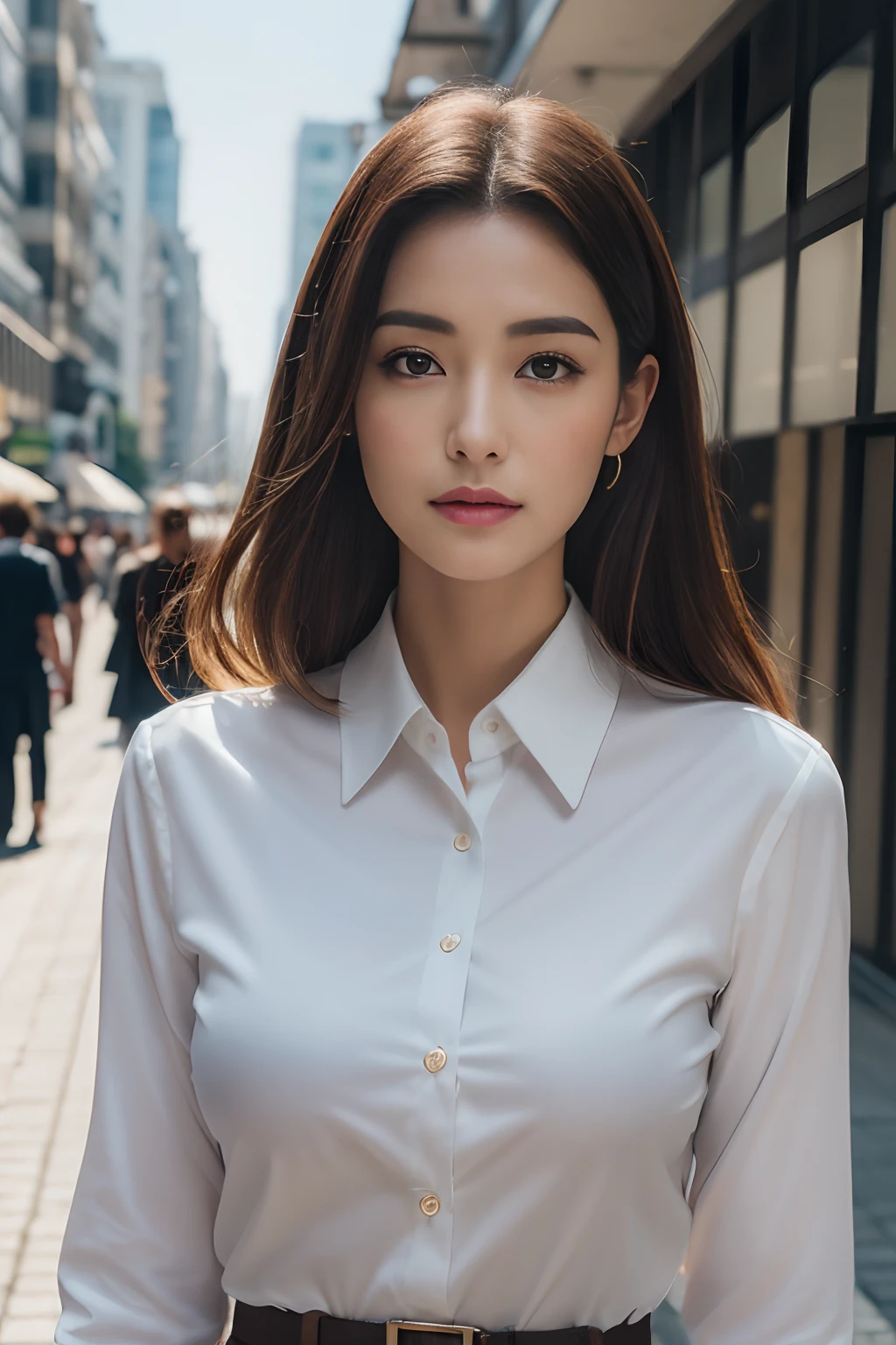 ((Best quality, 8K, Masterpiece :1.3)), Sharp focus :1.2, perfect figure beautiful woman:1.4, Slim abs:1.2, ((dark brown  hair, huge tit:1.2)), White collared shirt，Not exposed，(Natural light, the city street:1.1), Highly detailed facial and skin texture，A detailed eye，二重まぶた