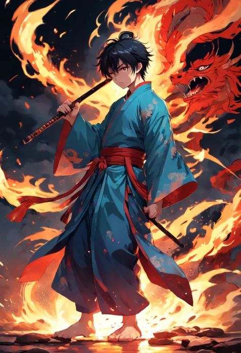 The hot fighting boy took this fiery stick，Fight bloody battles on the battlefield，Wearing Hanfu，