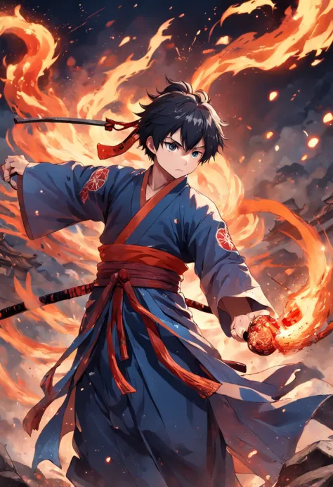 The hot fighting boy took this fiery stick，Fight bloody battles on the battlefield，Wearing Hanfu，