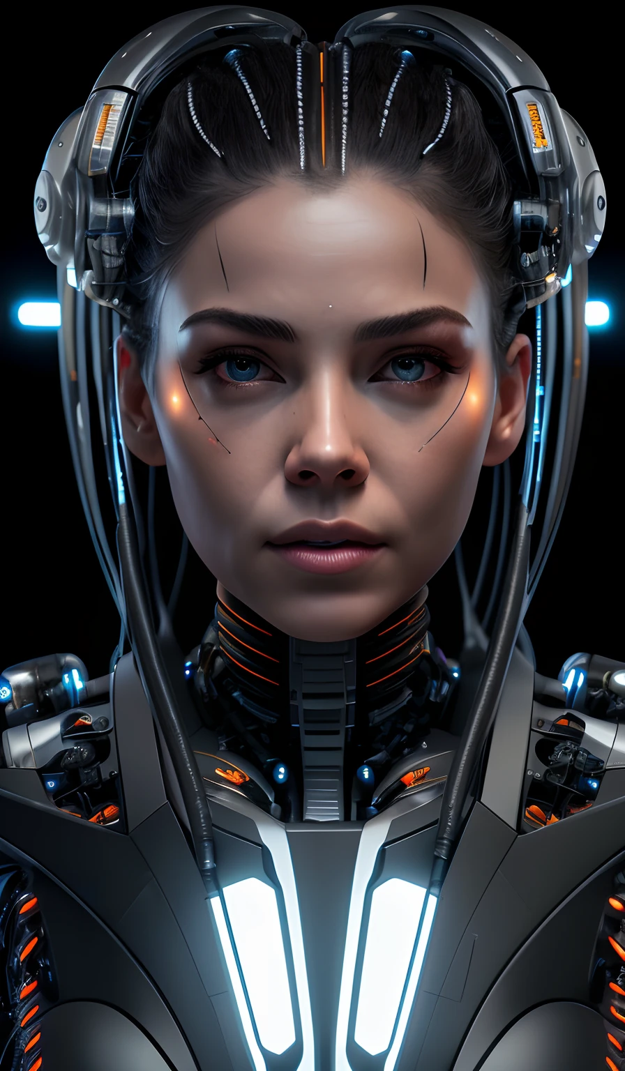 8K, frontal portrait of a beautiful cyborg woman, cables coming from her head, facial muscles, ultra detailed, horror sci Fi, sci Fi cinematic, black background, studio lighs, dramatic lights, strong contrasts, shadows, masterpiece.