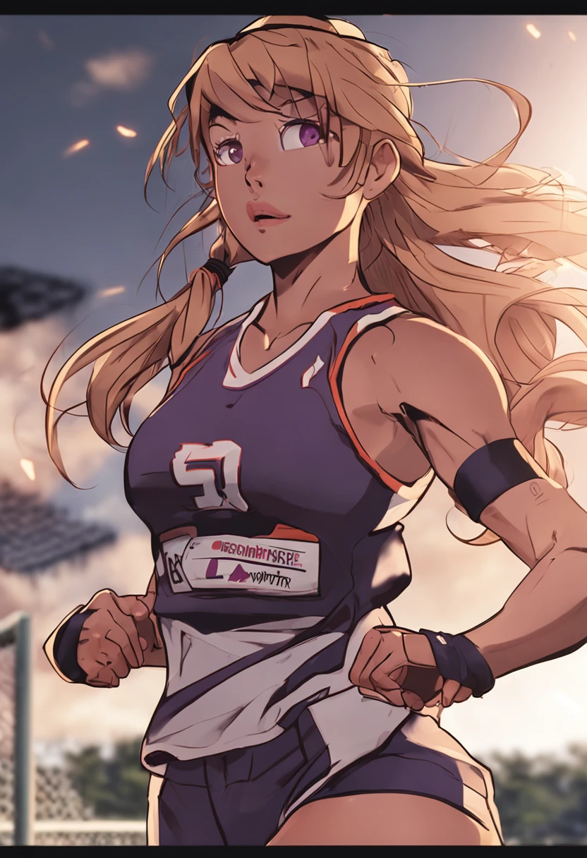 A woman in a uniform running on a track with a sky background - SeaArt AI