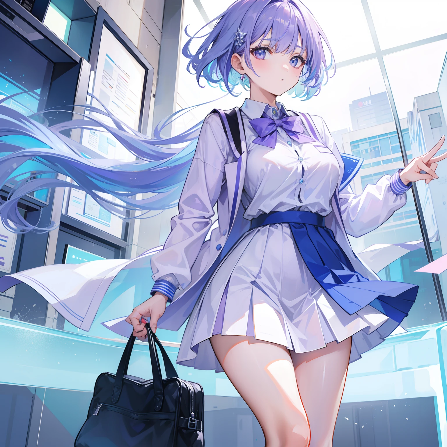 Anime girl with long hair and blue dress walking in a building - SeaArt AI