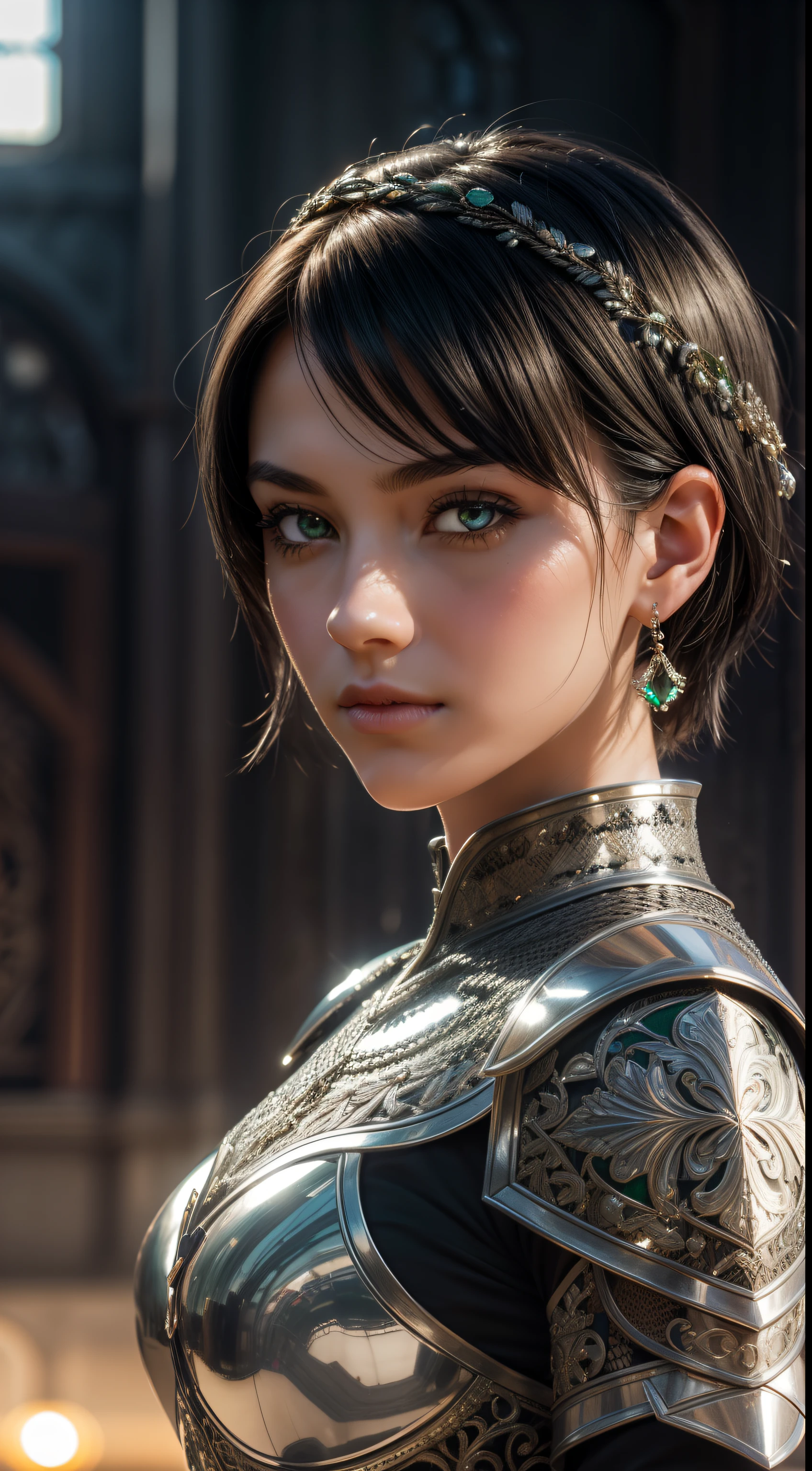 (masterpiece), (extremely intricate), portrait of a girl, (black hair),short hair, ((Emerald eyes)), (medieval armor), metal reflections, silver armor, ((embroidery on armor)), intense sunlight, far away castle, professional photograph of a stunning woman detailed, sharp focus, dramatic, award winning, cinematic lighting, volumetrics dtx, (film grain), blurry background, blurry foreground, bokeh, depth of field, sunset,interaction, Perfect chainmail,((confident)),(Pose:looking at the camera)