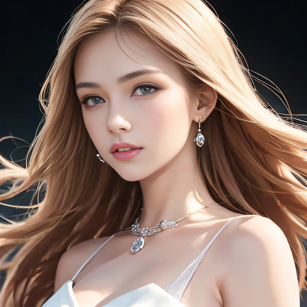 (8K, RAW Photos, of the highest quality, Masterpieces: 1.2), (Realistic, Photorealistic: 1.37), Highest Quality, Ultra High Resolution, light  leaks, Dynamic lighting, Slim and smooth skin, (Full body:1.3), (Soft Saturation: 1.6), (Fair skin: 1.2), (Glossy skin: 1.1), Oiled skin, 22 years old, Night, shiny white blonde, Well-formed, Hair fluttering in the wind, Close-up shot of face only, Physically Based Rendering, From multiple angles, Bvlgari dresses