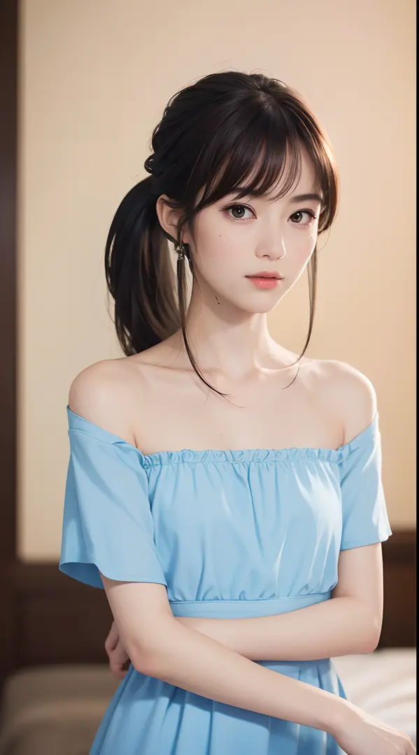 (8K, Best Quality, masterpiece: 1.2), (Realistic, photographrealistic: 1.5), Skinny 1 Girl, Upper body photo, short ponytail, bangs, low nose, natural lip, flat chest, sexy dress, Bandeau Dress, wide angle closeup
