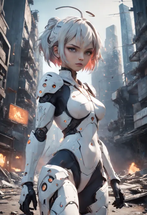 ((best quality)), ((masterpiece)), ((realistic)), (detailed), (photorealistic:1.5), a futuristic girl, (thick body), (white bodysuit), lights on armor, cybernetic headwear, looking at viewer, dynamic pose, post apocalyptic, destroyed city background, build...