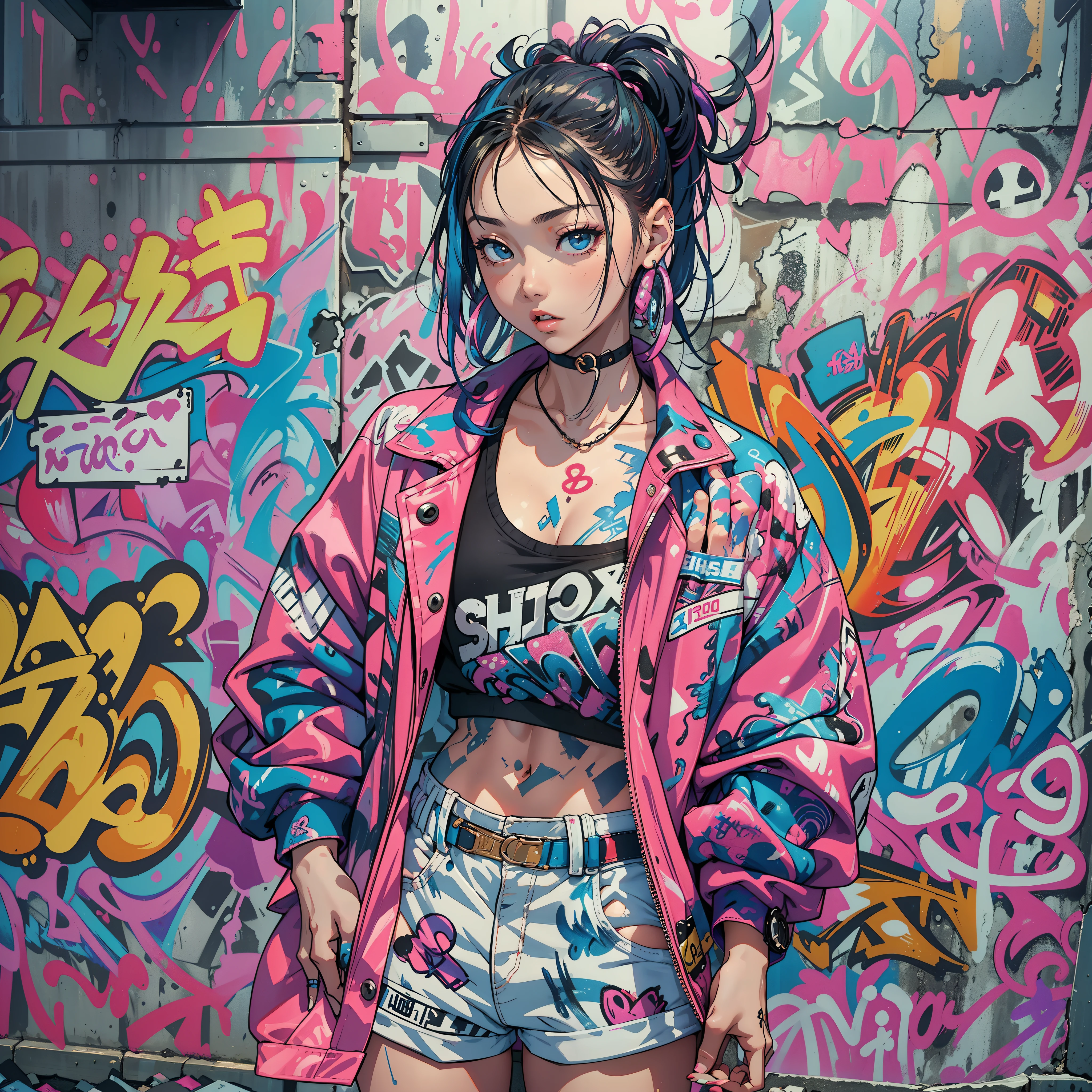 One Girl In A Back Alley、(Super Detail)、(8K)、((Hip Hop Fashion))、(full body Esbian)、(Fashion of the 90s)、(Brilliant limbs)、(Delicately drawn figures)、(Back alley decorated with graffiti)、tobacco、(Women's Fashion)、(Colorful and pop design)、(Around the back alley)、(Iconic art and posters of the 90s)、(Middle Finger)、Female facial expressions、(the pose)、(Spirit of the times)