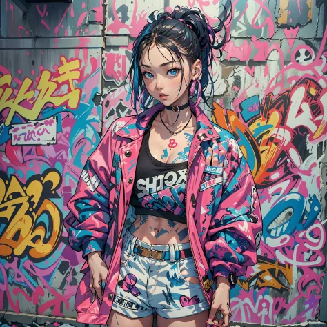 One Girl In A Back Alley、(Super Detail)、(8K)、((Hip Hop Fashion))、(full body Esbian)、(Fashion of the 90s)、(Brilliant limbs)、(Deli...