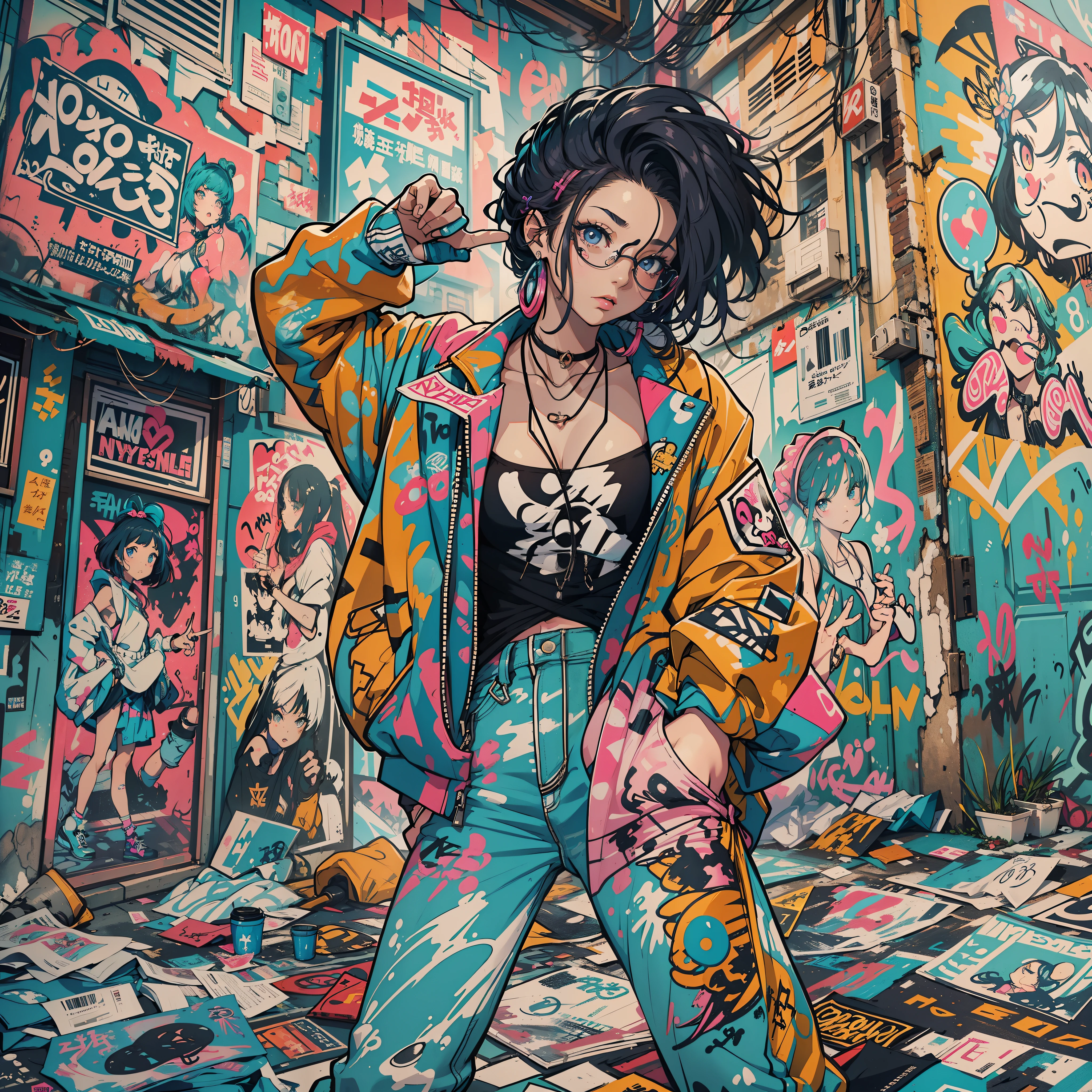 One Girl In A Back Alley、(Super Detail)、(8K)、((Hip Hop Fashion))、(full body Esbian)、(Fashion of the 90s)、(Brilliant limbs)、(Delicately drawn figures)、(Back alley decorated with graffiti)、tobacco、(Women's Fashion)、(Colorful and pop design)、(Around the back alley)、(Iconic art and posters of the 90s)、(Middle Finger)、Female facial expressions、(the pose)、(Spirit of the times)