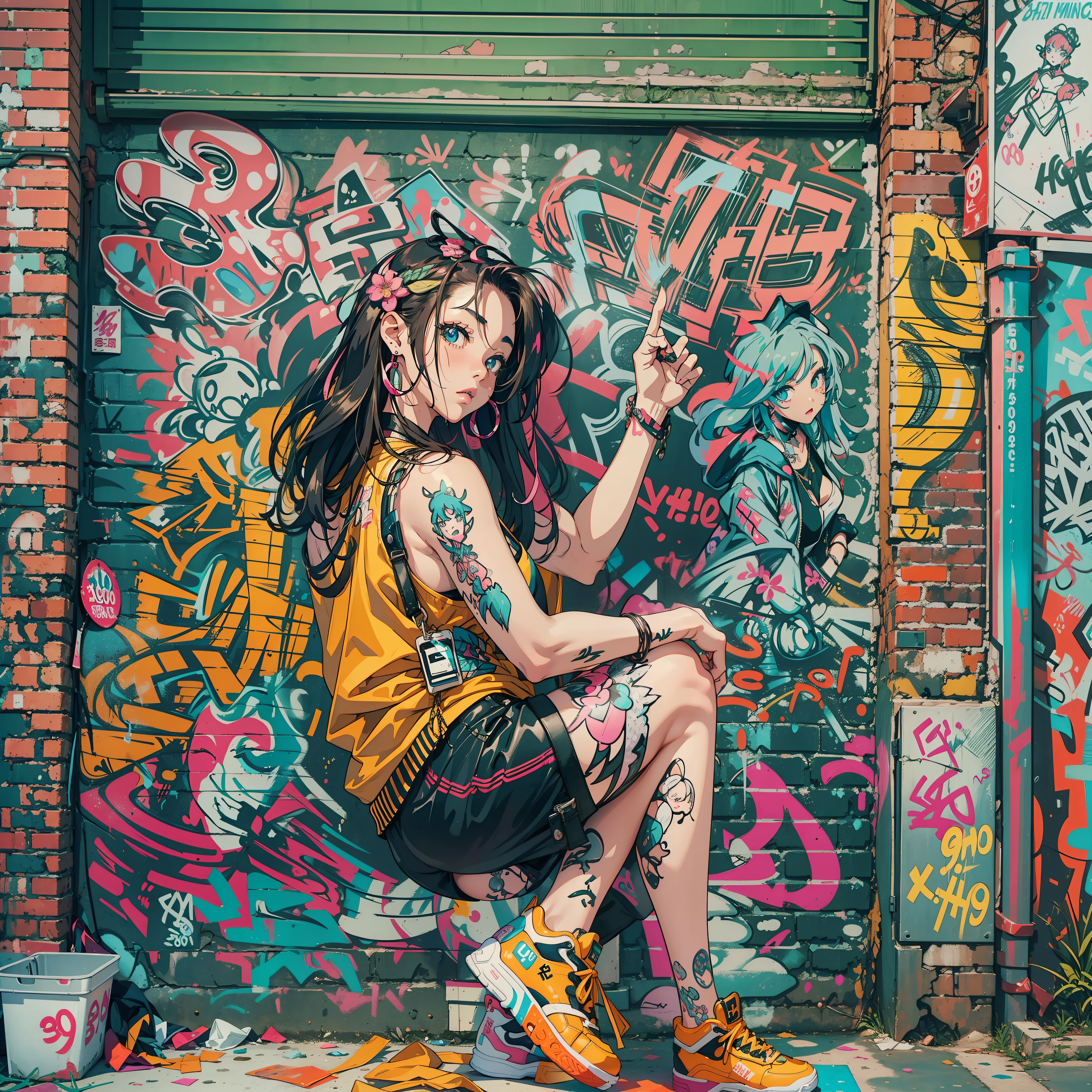 One Girl In A Back Alley、(Super Detail)、(8K)、((Hip Hop Fashion))、(full body Esbian)、(Fashion of the 90s)、(Brilliant limbs)、(Delicately drawn figures)、(Back alley decorated with graffiti)、tobacco、(Women's Fashion)、(Colorful and pop design)、(Around the back alley)、(Iconic art and posters of the 90s)、(Middle Finger)、Female facial expressions、(the pose)、(Spirit of the times)