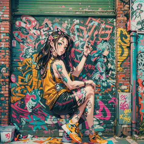 One Girl In A Back Alley、(Super Detail)、(8K)、((Hip Hop Fashion))、(full body Esbian)、(Fashion of the 90s)、(Brilliant limbs)、(Deli...