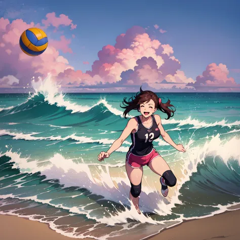 a tsunami wave, very high tide, daytime, dangerous, people running for life, at the beach,
BREAK,
woman, age 30, milf, playing volleyball, pink shorts, red tank top, feeling happy
