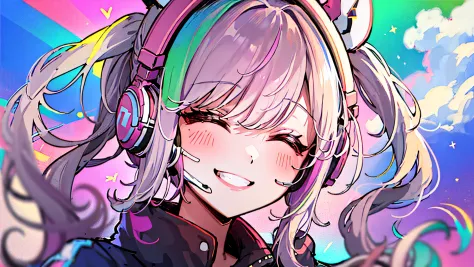 Woman with peace sense cat headset, closed eyes, beautiful face, RGB colors, bright blue & pink hair, anime, banner for youtube video, happy girl, smiling, clouds with RGB colors, bright RGB colors.
