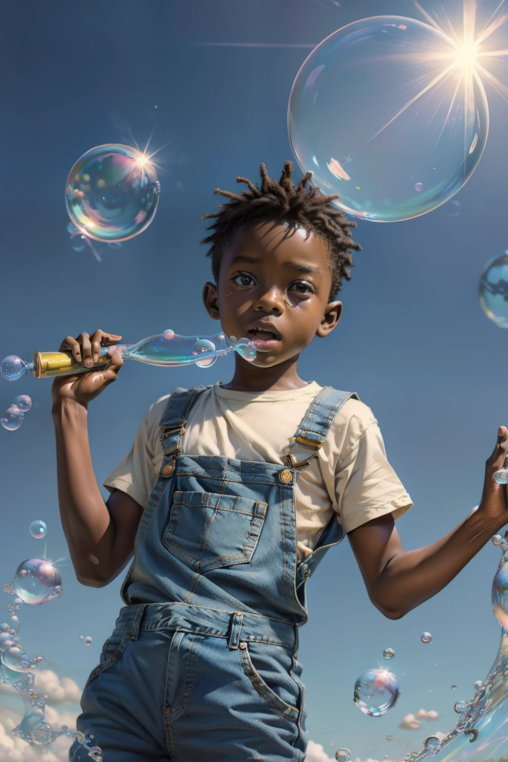 "clean pastel painting of a little African ethnicity boy wearing denim overalls chasing bubbles. Detailed and beautiful face, abundant bubbles, photorealistic depiction, create a bubble kingdom."