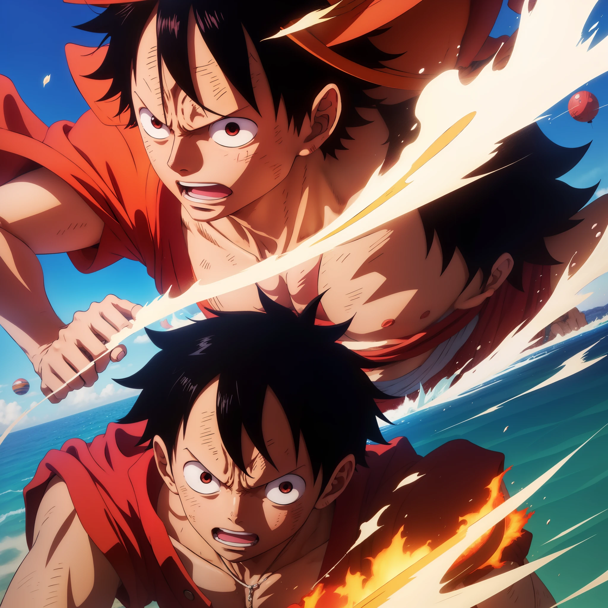 Anime characters are fighting over a fire in the ocean - SeaArt AI