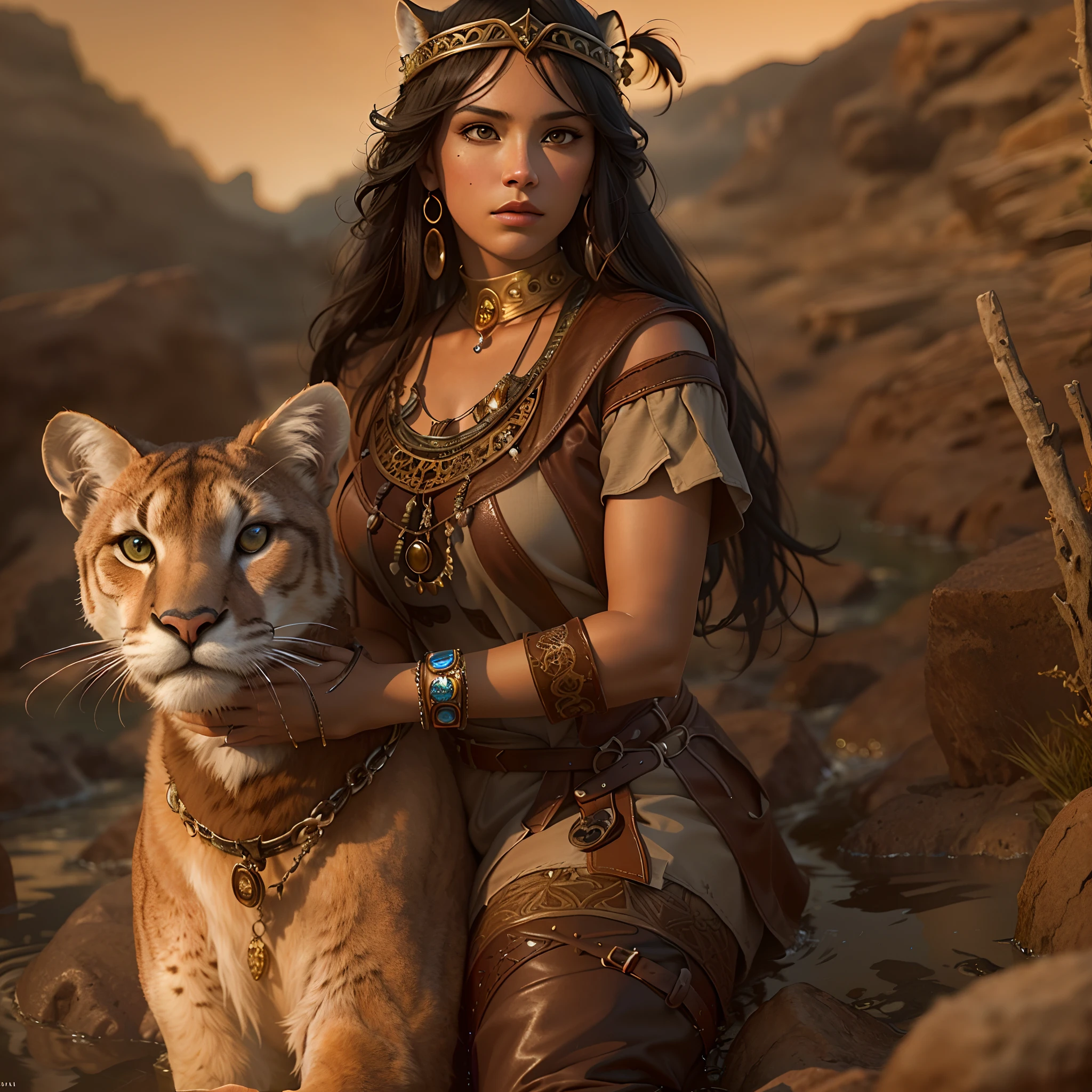 High details, Best quality, 8K, [Ultra detailed], Masterpiece, Best quality, (Extremely detailed), Dynamic Angle, super wide shot, primitive, Photorealistic, Fantasy art, dnd art, RPG art, Realistic art, Wide-angle picture of a female human druid and her pet cougar, Priest of Nature, Nature clergy, full bodyesbian, [[Anatomically correct]]. Kneeling woman (1.5 intricate details, Masterpiece, Best quality) Talk to desert mountain lions (1.6 intricate details, Masterpiece, Best quality) in a desert (1.5 intricate details, Masterpiece, Best quality), Women in leather clothing (1.4 intricate details, Masterpiece, Best quality), Leather boots, Thick hair, Long hair, Brown hair, Sepia skin Rich brown eyes, Desert background (intense detail), A stream flowing in an oasis (1.4 intricate details, Masterpiece, Best quality), Night, Moon light, stars (1.4 intricate details, Masterpiece, Best quality), Dynamic Angle, (1.4 intricate details, Masterpiece, Best quality) 3D rendering of, High details, Best quality, A high resolution, ultra-wide-angle