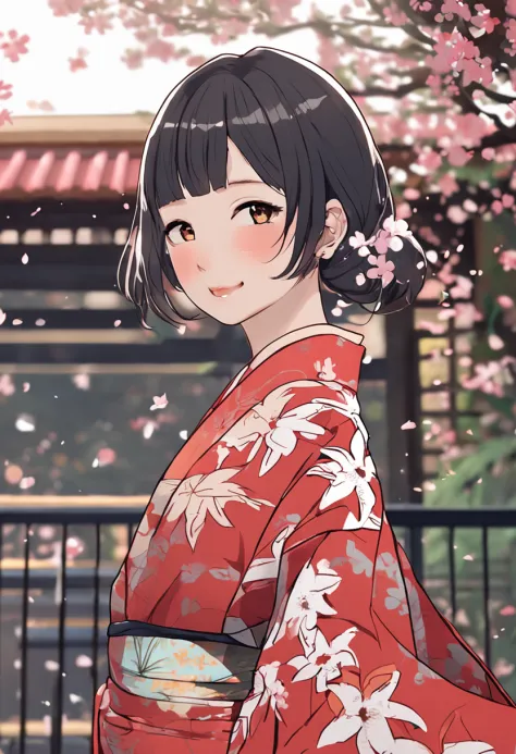 (Red yukata style with Japan floral pattern))、Looking over here、((Summer fireworks background))、Short hairstyle fluttering in the wind、Black hair、Making facial wrinkles、Teardrops、Has bangs、Take a sexy pose、I can see the side、Face Zoom、Mature mature young w...