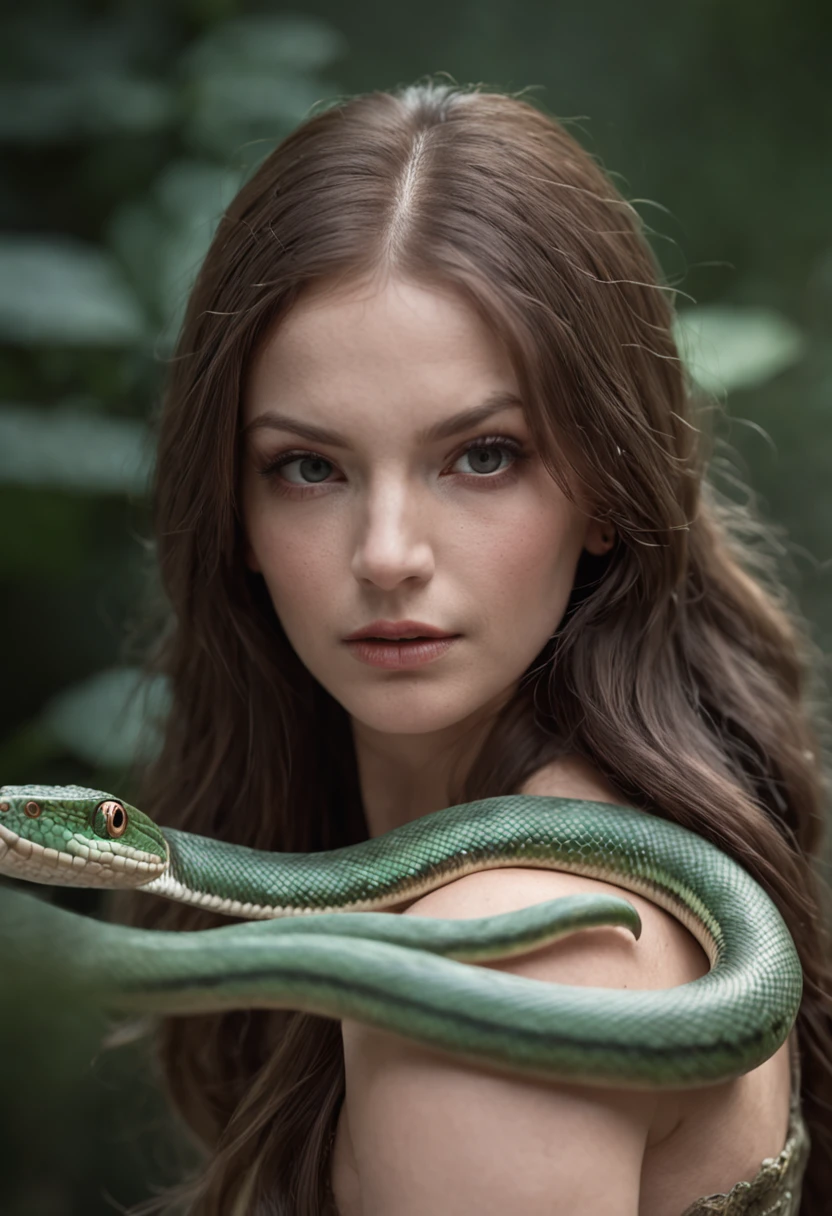 1 woman, Long hair, (20yr old), Beautiful detailed eyes, Snake 