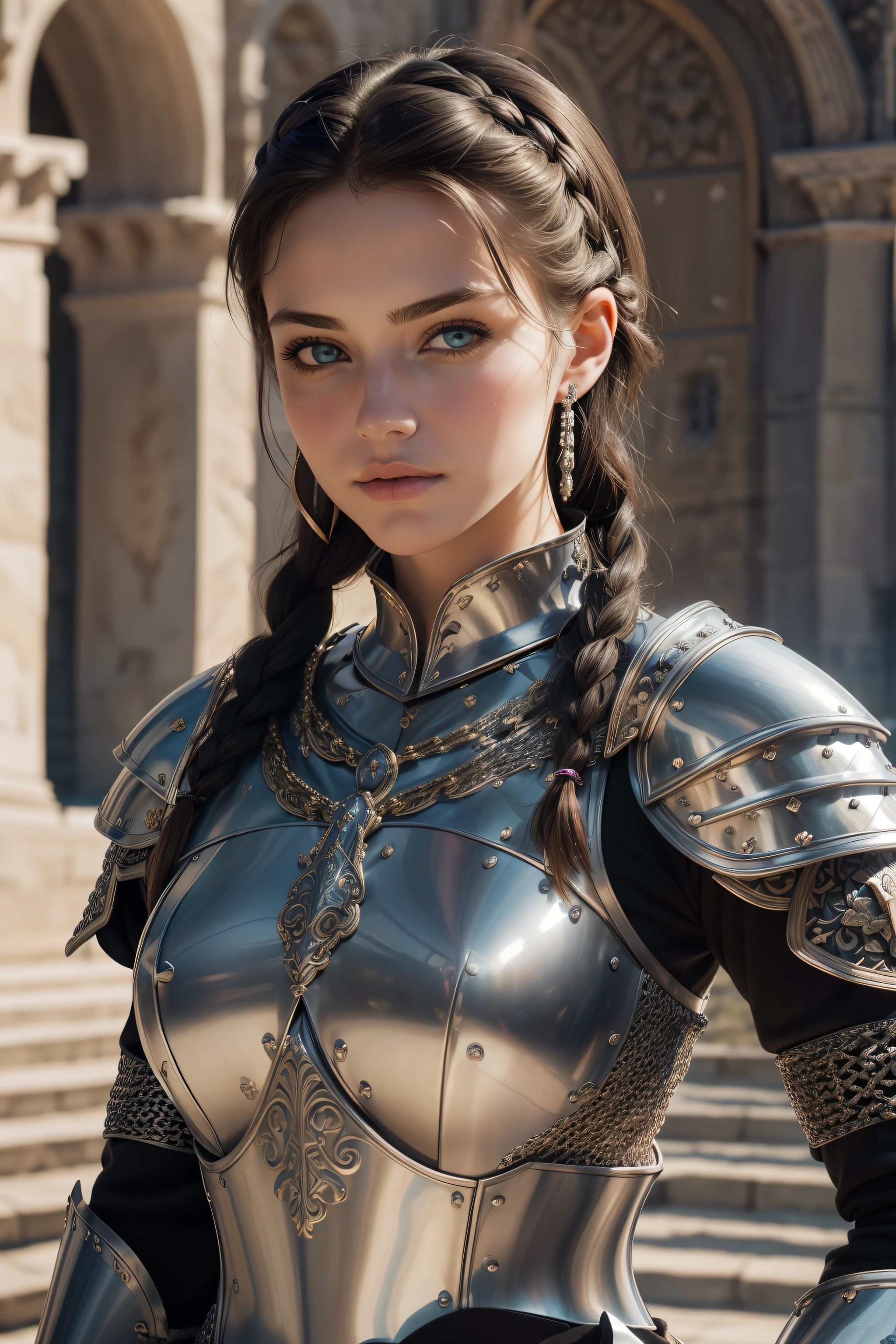 (masterpiece, best quality),(extremely intricate:1.3), (realistic), 1girl, 18 year old, caucasian, green eyes, perfect eyes, perfect iris, perfect pupils, perfect lips,perfect nose, perfect hands, very detailed hands, perfect fingers, black hair, short hair, straight hair, small braid in her hair, (medieval armor), metal reflections, silver armor, outdoors, far away castle, (((ornately decorated armor))), (insanely detailed, bloom:1.5), (((chainmail))), intense sunlight, professional photograph of a stunning woman detailed, sharp focus, award winning, cinematic lighting, blurry background, upper body, ((confident)), (Pose:looking at the camera)