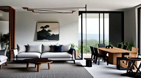 Generate an artistic visualization of a Japandi-inspired living room, seamlessly merging Japanese Zen aesthetics with Scandinavi...