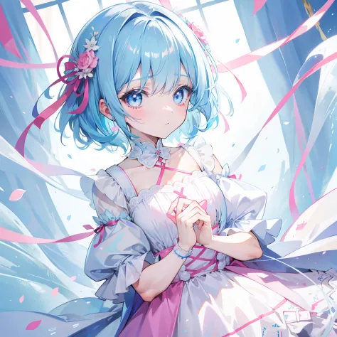 Short light blue hair，Light light blue pupils，There are some pink decorations，Soft girl in dress