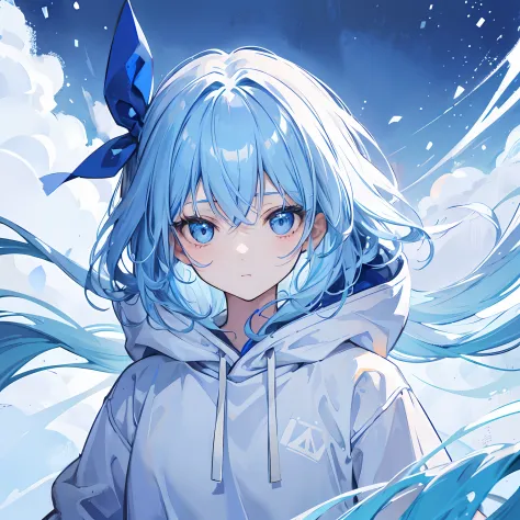 1girl,light blue hair,blue eyes,hair ribbon,blue and white hoodie,winter,looking at viewer,profile picture
