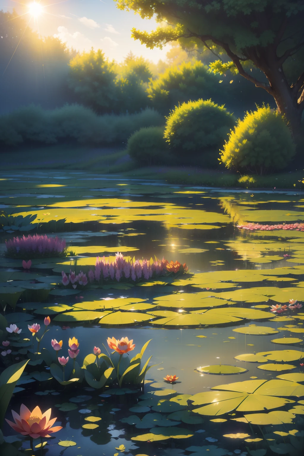 정교함의 걸작。모네의 수련，연꽃 연못 깊은 곳（색상이 생동감 넘치는，그리고 태양이 밝게 빛나고 있었어，빛이 시원해요：1.2），연못에 연잎이 여러 개 있어요。연잎은 질감이 맑아요。아침 해，나비，다채로운 초원 하늘길을 비워두세요
