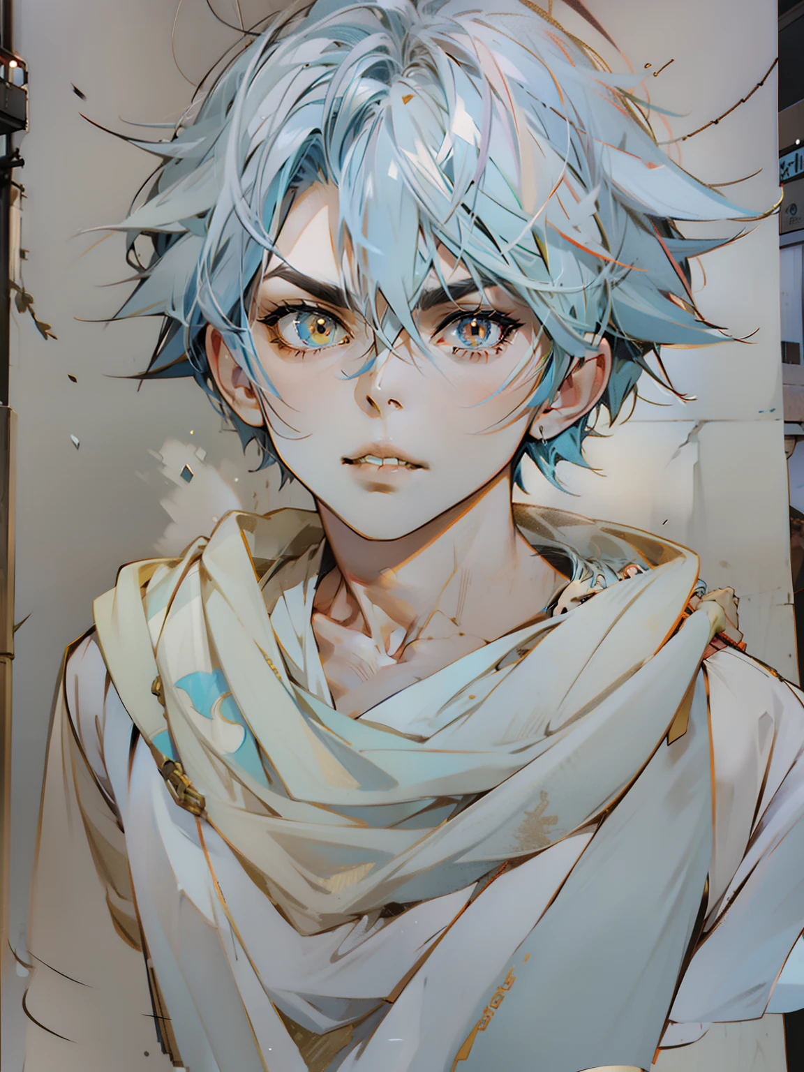 blue hairs，short detailed hair，red pupils, Yellow anime boy, walking at street, full bodyesbian:: Sunny weather::, made with anime painter studio, Urban Boy Works, full body portrait of a short!, Makoto shinkai style, Anime wear beautiful clothes, drawn in anime painter studio, 3 D painting，expression of surprise，Inverted figure-eight eyebrows，Mouth open