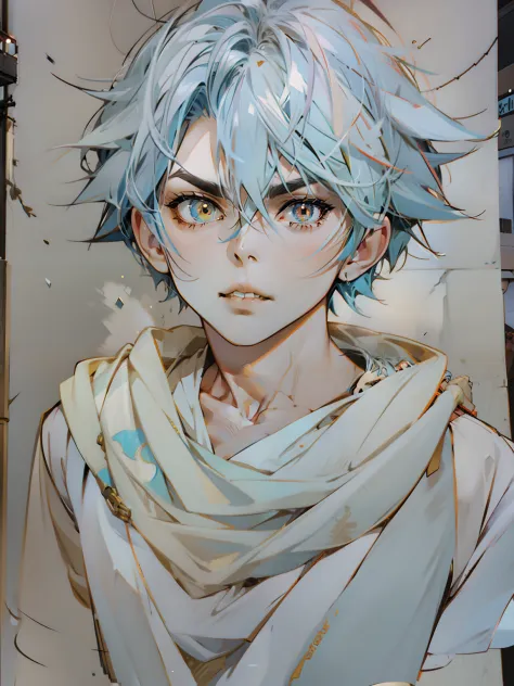 blue hairs，short detailed hair，red pupils, Yellow anime boy, walking at street, full bodyesbian:: Sunny weather::, made with anime painter studio, Urban Boy Works, full body portrait of a short!, Makoto shinkai style, Anime wear beautiful clothes, drawn in...
