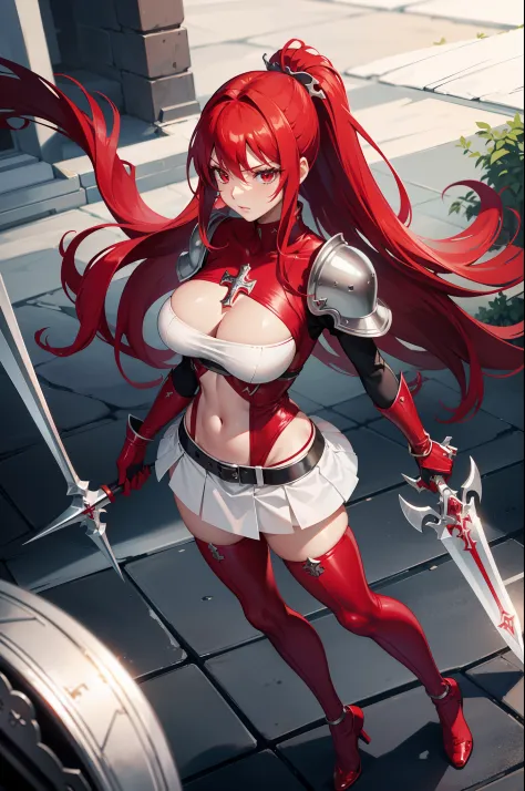 erza scarlet, half silver color steel breast plate with a cross pattern, no underwear, bright red pupil, super mini battle skirt, holding giant silver boardsword, high pony tail, perfect body shape, 16k, sharp angel aura, steel hand glove, holy tattoo, lon...