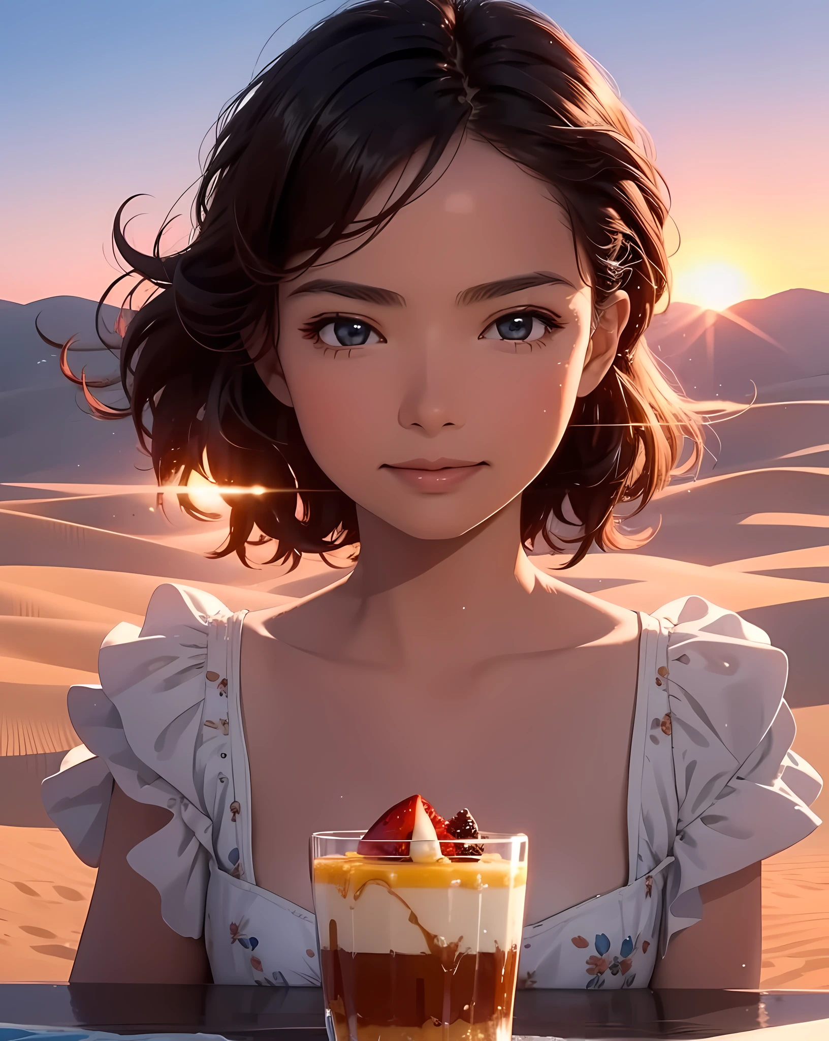 masterpiece, best quality, movie still, 1girl, having a dessert at the desert, high fashion, close-up, bright, happy, warm soft lighting, sunset, (sparks:0.7), ample headroom