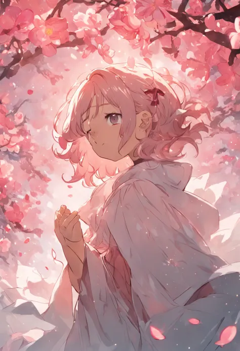 Anime girl with pink hair and a hoodie standing in a field of 