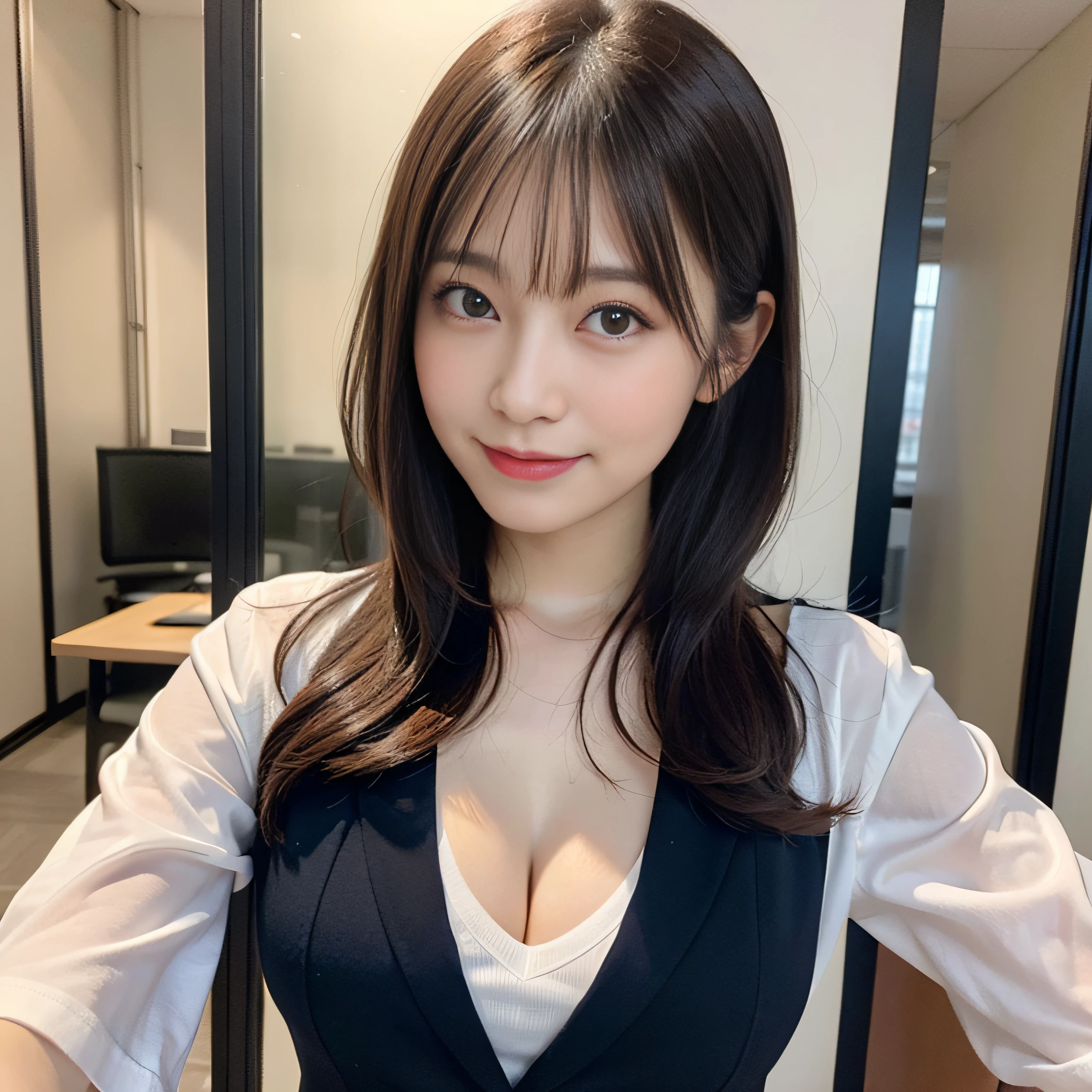Beautiful black eyes、dual、natural skin textures:1.8, realistic eyes and face details:1.7、middlebreasts、in 8K,Best Quality:1.4, 超A high resolution:1.5, (Photorealistic:1.4),​masterpiece:1.2,(top-quality:1.4)、 Raw photo、 (the background is blurred), 1 Japanese girl, Cute, (独奏:1.4), (Shy smile), Smooth skin、 (Brown medium hair,bangs),nogizaka,Beautiful body, medium breasts, Breast cleavage, Navy Business Suit,Office, Secretary, White T-shirt, ID Card Holder, ID Badge Holder,president’s office