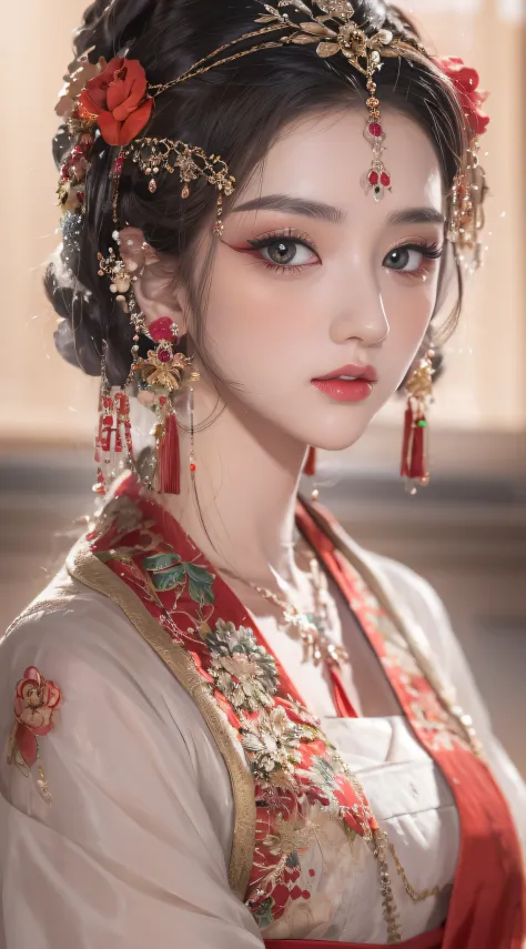 1 Very beautiful queen Medusa dressed in Hanfu, Thin red silk shirt，With many yellow patterns, Black lace top, Long hair dyed bl...