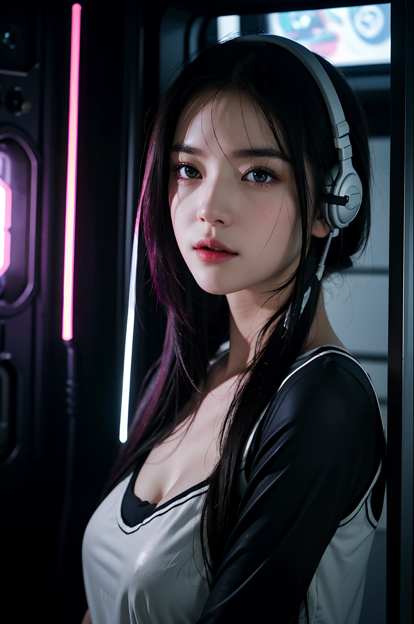 top-quality、master-piece、超High resolution、(real light:1.4)、RAW photo、1 girl、Black Hair、gleaming skin、1mechanical girl、((Super realistic detail))、portrait、Global Illumination、glossy、octanerender、10、Ultra Sharp、Colossal、Raw skin is revealed in cleavage..、Metal、Details of intricate jewelry、Headphone headset、Hydraulic cylinder、Gothloli Details、Realistic lighting、CGSoation trend、purple eyes、shining eyes、facing camera、neon details、mechanical limbs、blood vessels connected to tubes、mechanical vertebra attaching to back、mechanical cervial attaching to neck.、wires and cables connecting to head、Evangerion、cyberpunked、small LED lamp、central processing unit、lamp、perfect proportion、The background is the cockpit of a futuristic spacecraft..、